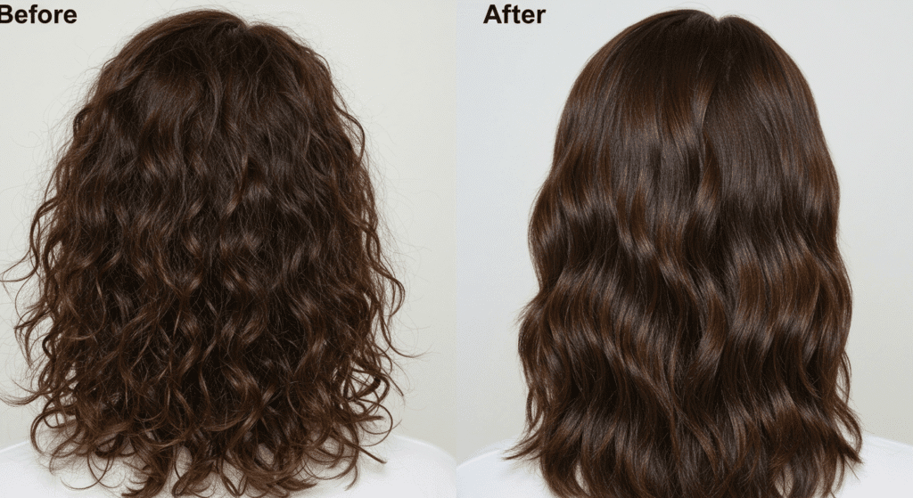 Foto do antes e depois do uso regular do gel de babosa no cabelo