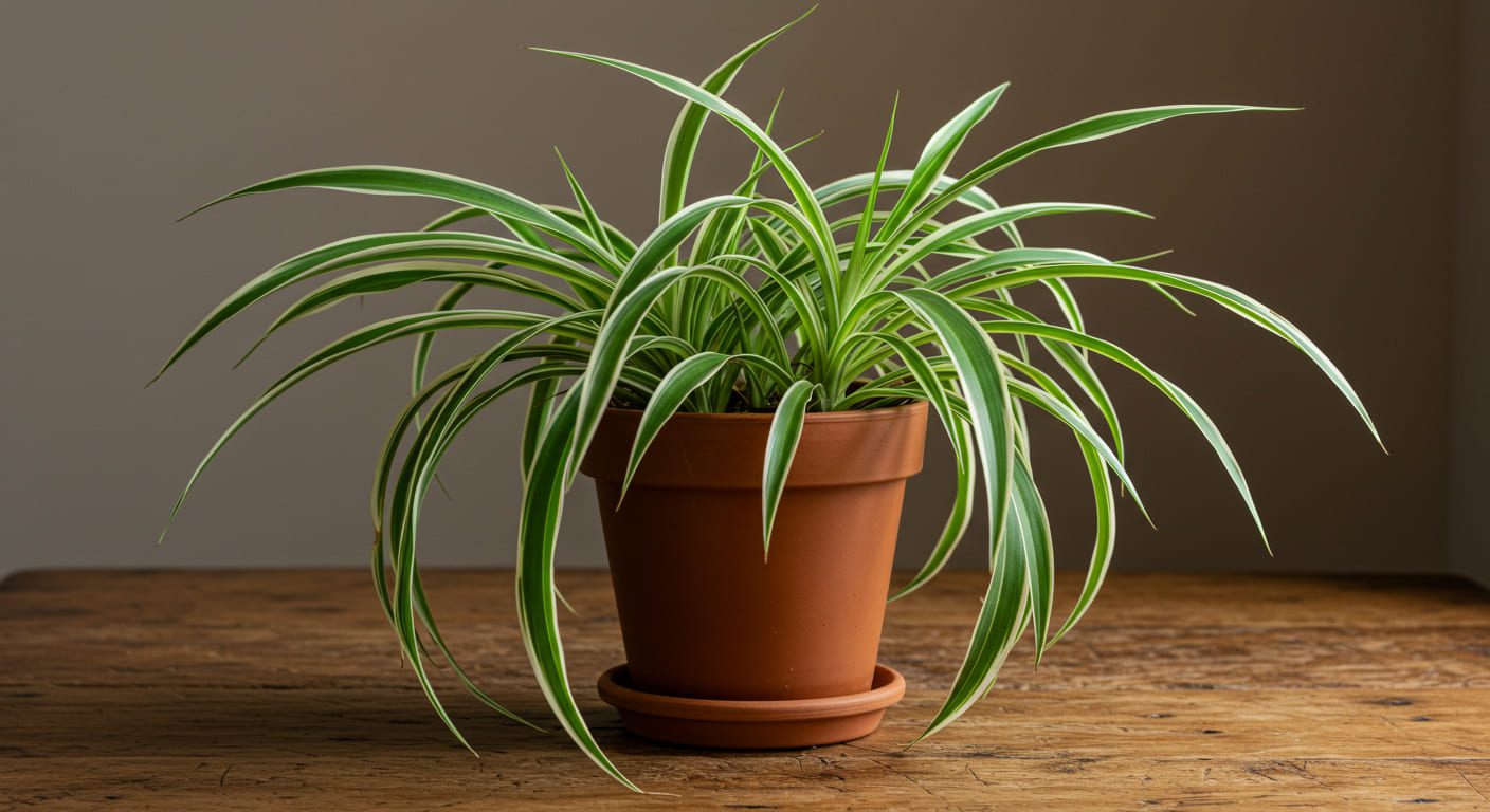 Clorofito em vaso de barro sobre mesa rústica com folhas verdes e brancas iluminadas pela luz natural
