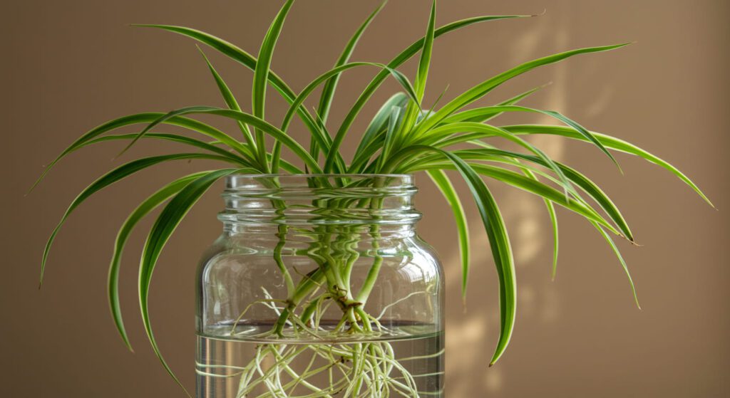 Clorofito em pote de vidro com raízes brancas visíveis, cultivado em água com luz suave