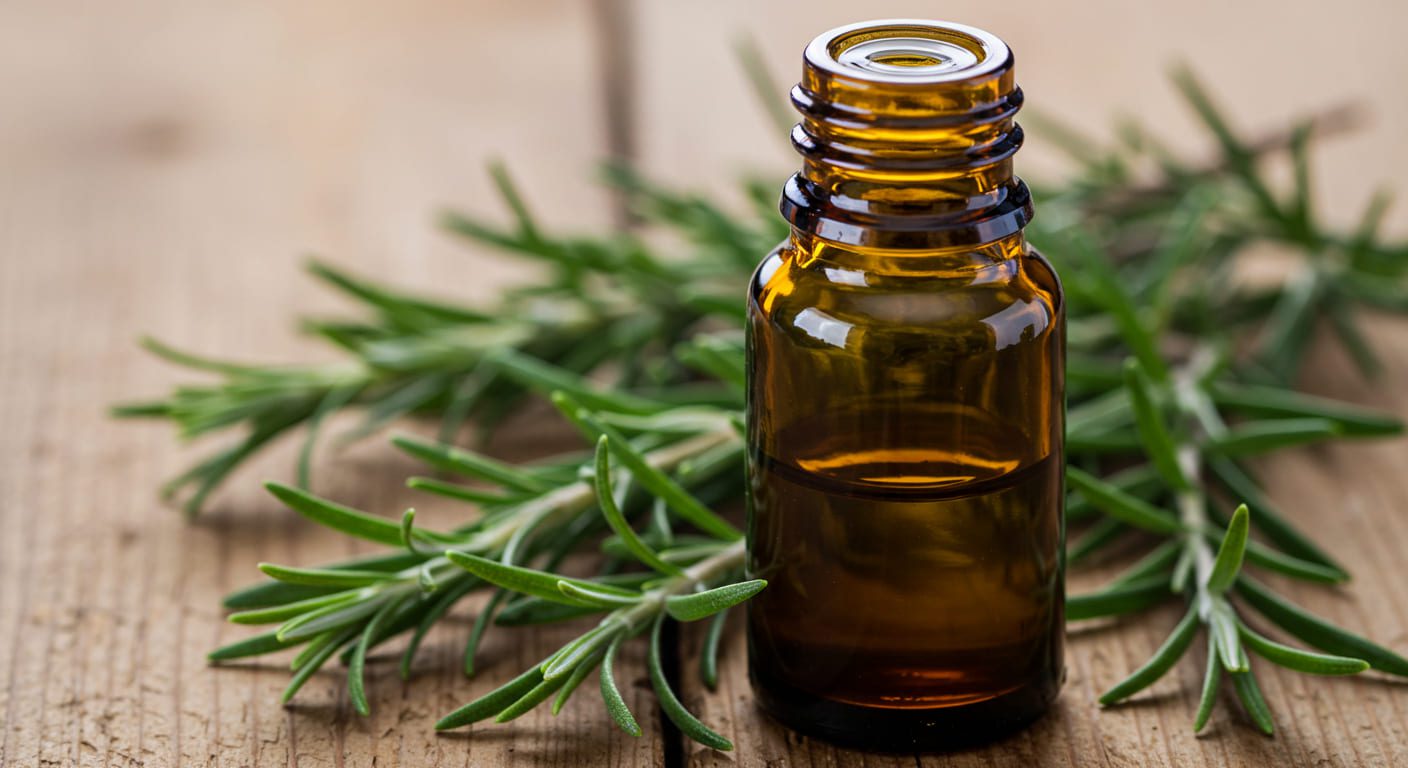 Frasco de vidro âmbar com óleo de alecrim artesanal sobre mesa rústica de madeira, ao lado de ramos frescos de alecrim