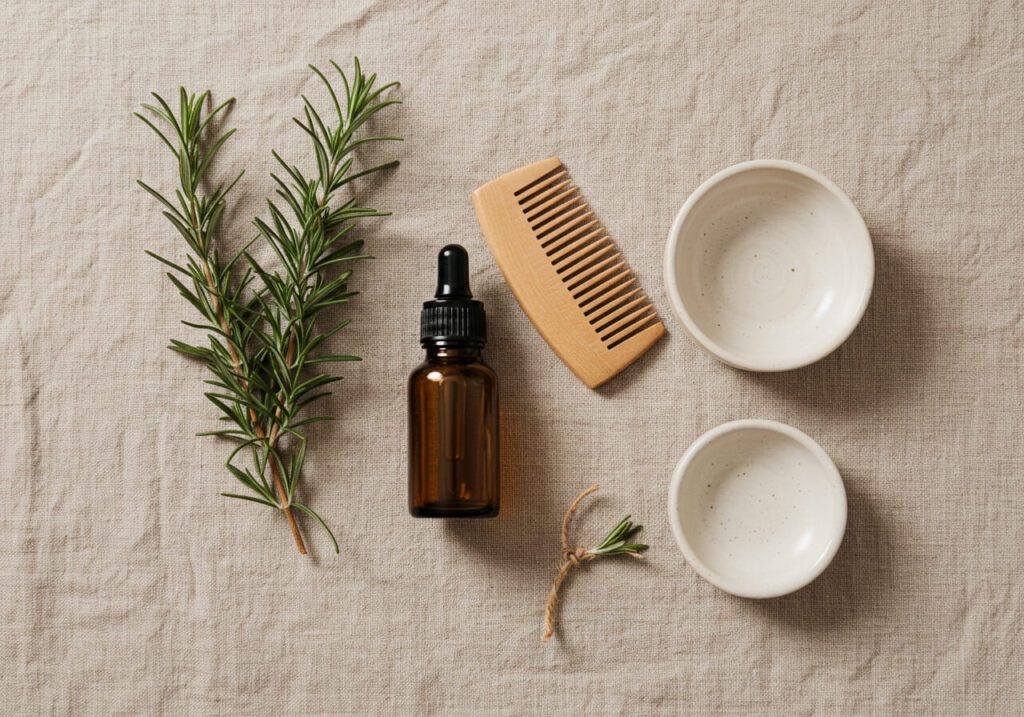 Frasco de vidro com infusão de ramos de alecrim em óleo vegetal sob luz suave e fundo desfocado
