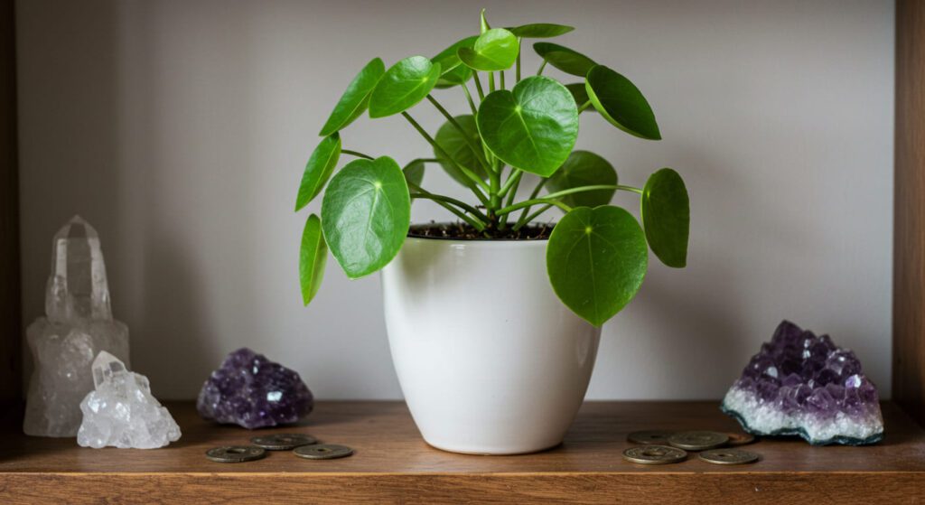Planta-chinesa-do-dinheiro (Pilea peperomioides) em vaso branco sobre prateleira de madeira com moedas e cristais ao redor