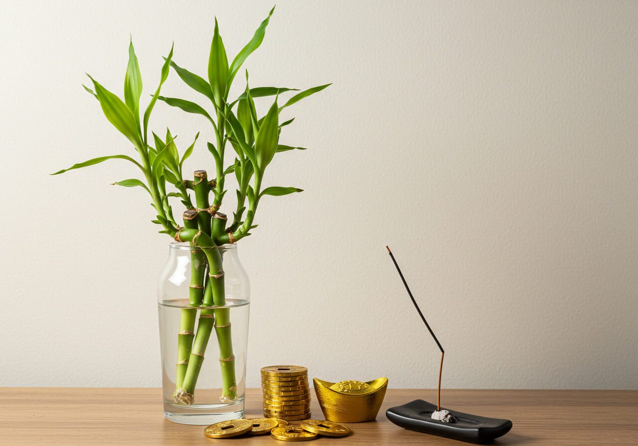 Bambu-da-sorte em vaso de vidro com água ao lado de moedas douradas e incenso aceso, em ambiente claro e calmo