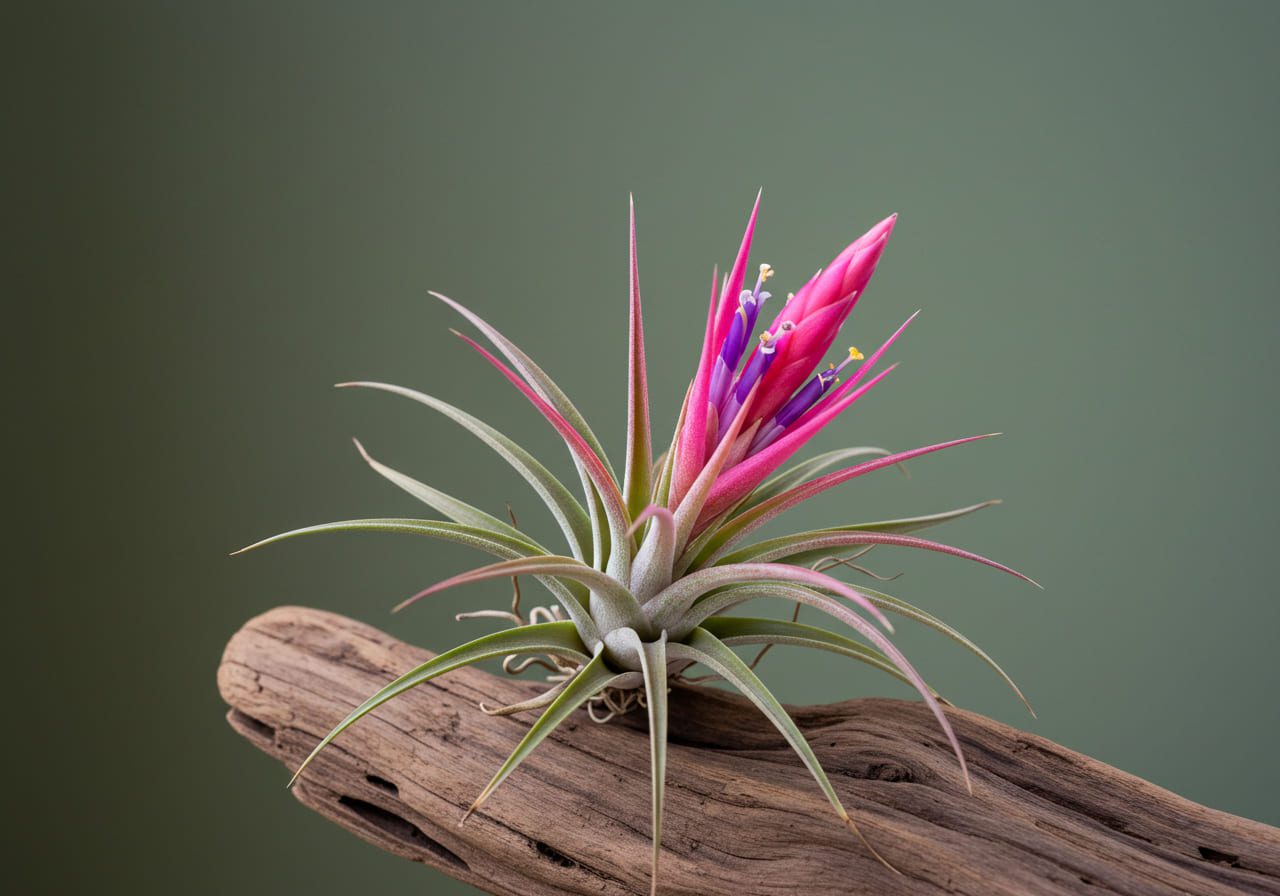 Tillandsia ionantha com flores roxas e folhas finas, fixada em um galho seco sobre fundo verde neutro.