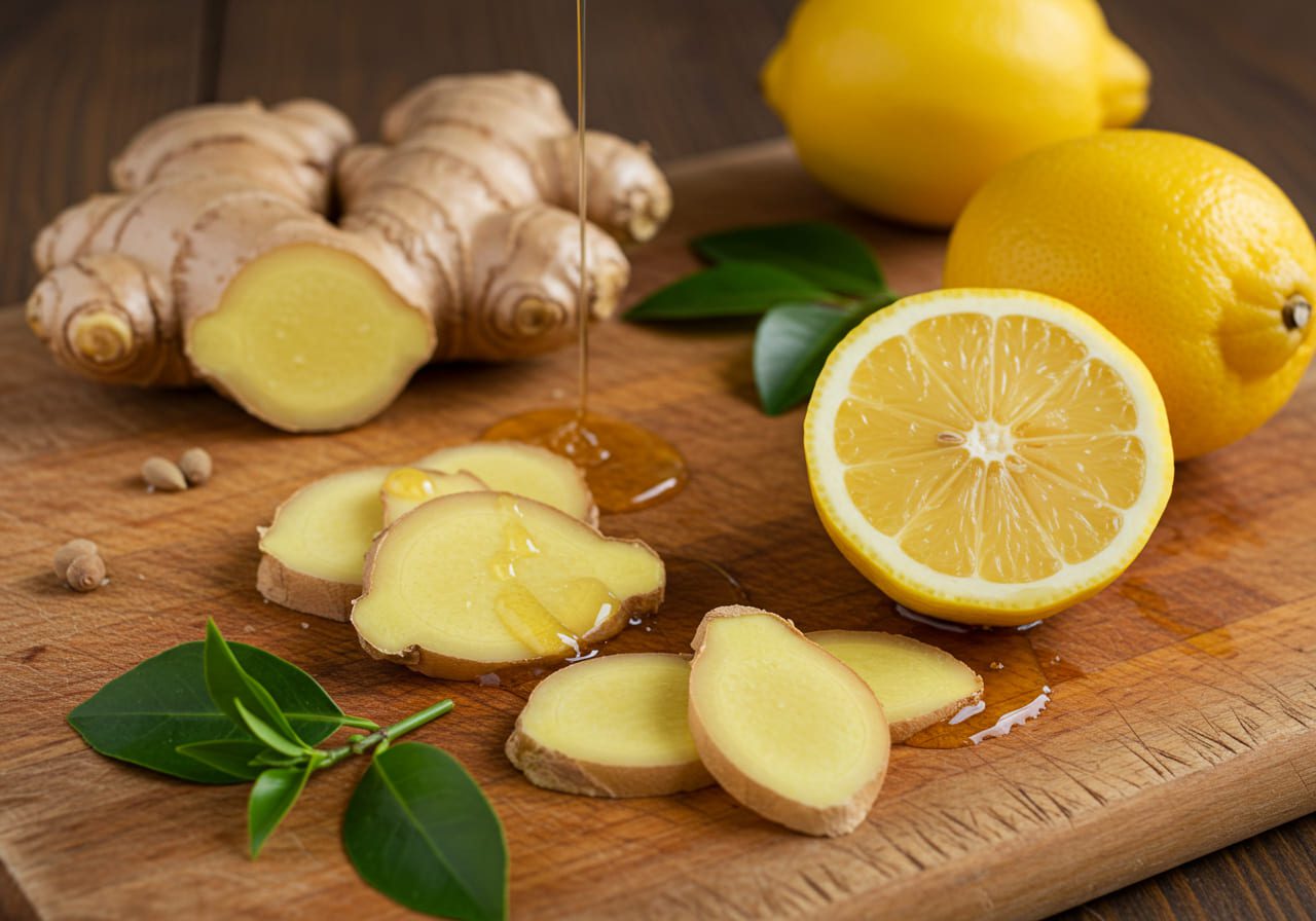 Xícara de chá fumegante com gengibre fresco e limão cortado ao fundo, sobre mesa de madeira clara
