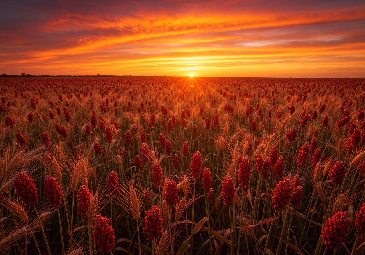 Campo de sorgo granífero ao pôr do sol,