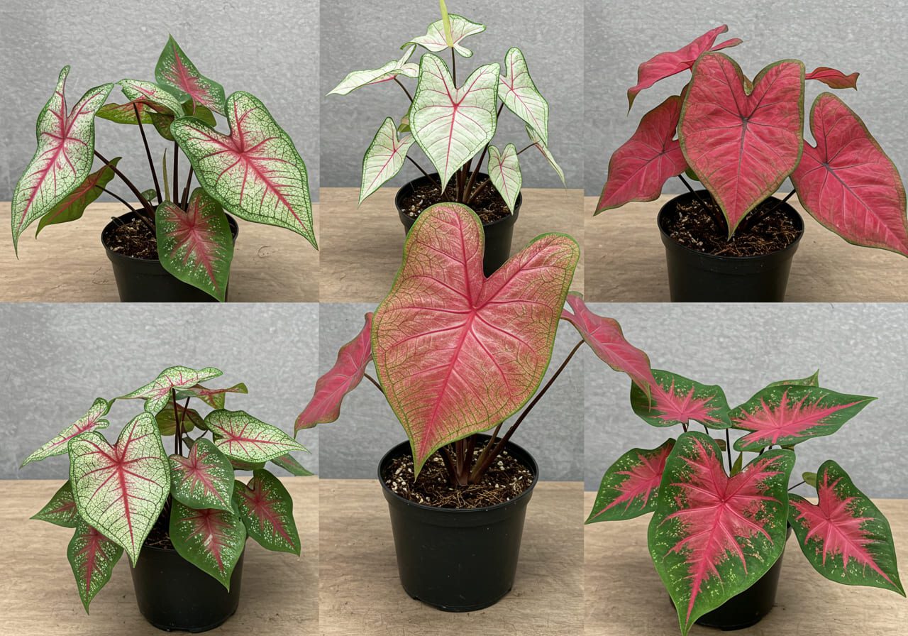 Jardim tropical com diferentes tipos de Caladium, incluindo folhas verdes, brancas e vermelhas em um espaço sombreado