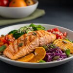 Prato saudável e vibrante com salmão grelhado, legumes coloridos, sementes e frutas cítricas