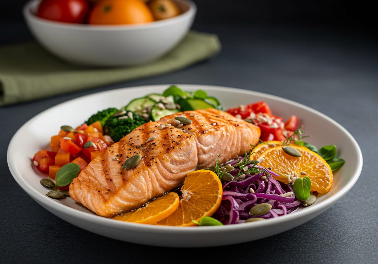 Prato saudável e vibrante com salmão grelhado, legumes coloridos, sementes e frutas cítricas