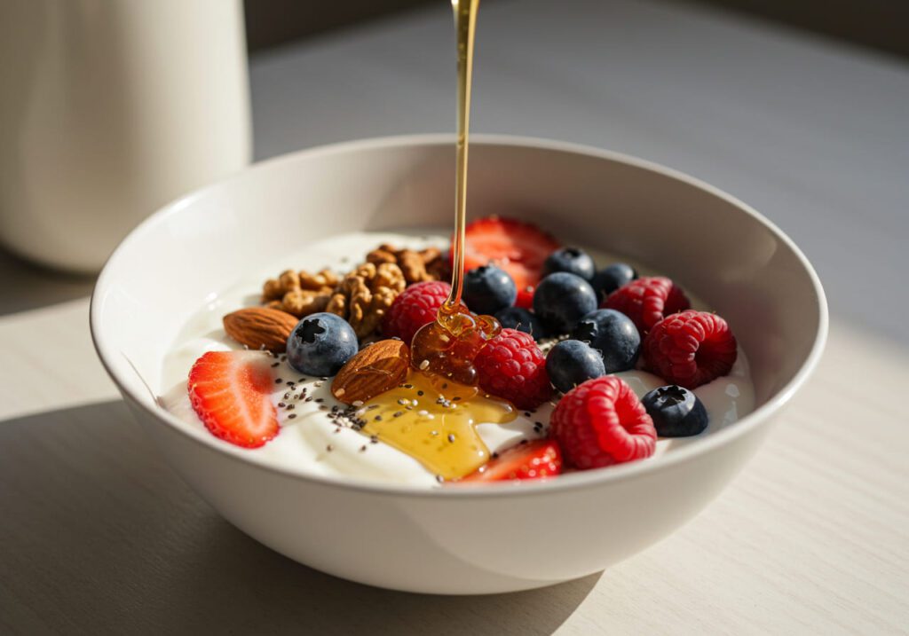 café da manhã saudável com iogurte natural, frutas vermelhas frescas, mel escorrendo, nozes e chia