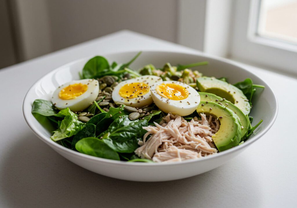 Salada proteica e antioxidante com folhas verdes, abacate, ovos cozidos, sementes, frango desfiado