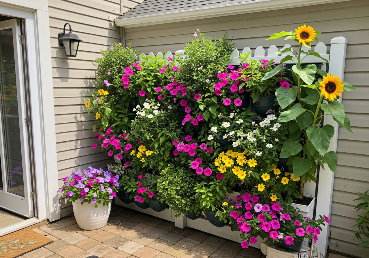 Jardim vertical pequeno moderno repleto de flores
