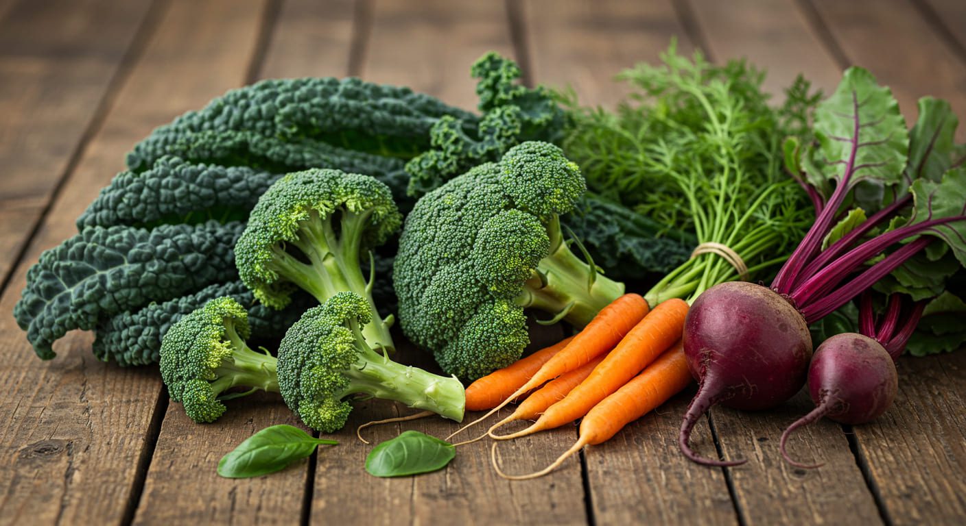 vegetais detox frescos (couve, brócolis, cenoura, beterraba)