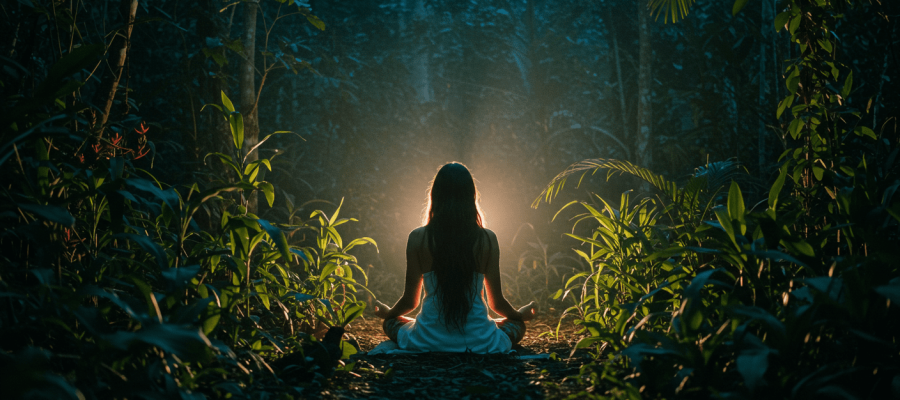 : O chá de ayahuasca é preparado com plantas sagradas da floresta e usado com propósitos espirituais profundos.