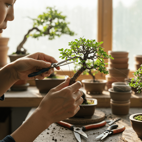 Pessoa moldando bonsai com arame e tesoura especial, mãos cuidadosas, fundo de ateliê botânico com ferramentas e vasos