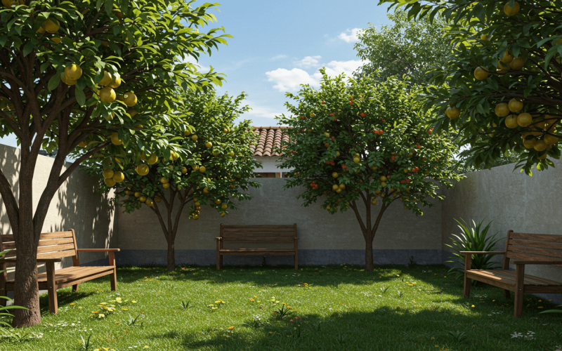 Quintal pequeno com árvores frutíferas ideais para espaços compactos: sombra, beleza e frutas frescas