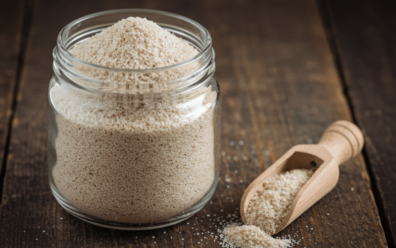 Casca de psyllium armazenada em pote de vidro: ideal para consumo diário como fibra alimentar natural.