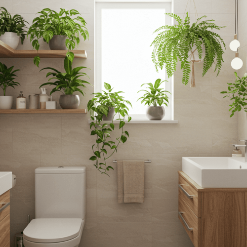 banheiro decorado com lindaas folhagens verdes