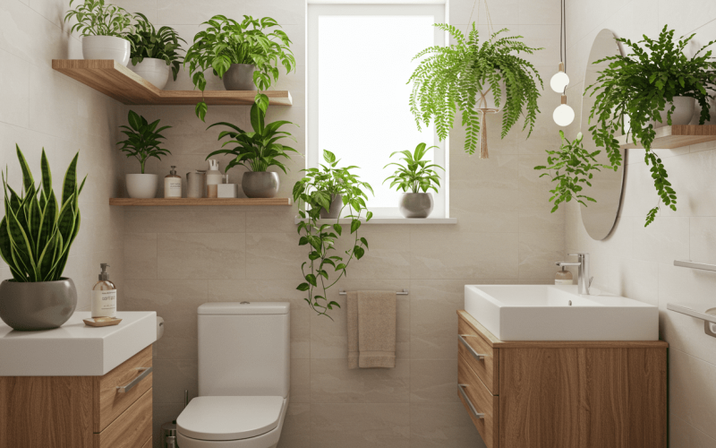 banheiro decorado com lindaas folhagens verdes