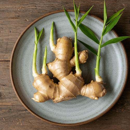 O primeiro passo para plantar gengibre é esperar os brotos aparecerem.