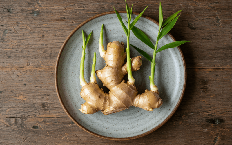O primeiro passo para plantar gengibre é esperar os brotos aparecerem.