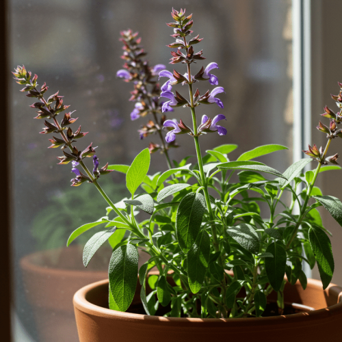 Planta Salvia officinalis crescendo em vaso de terracota em uma janela ensolarada