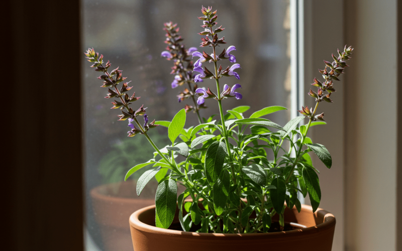 Planta Salvia officinalis crescendo em vaso de terracota em uma janela ensolarada